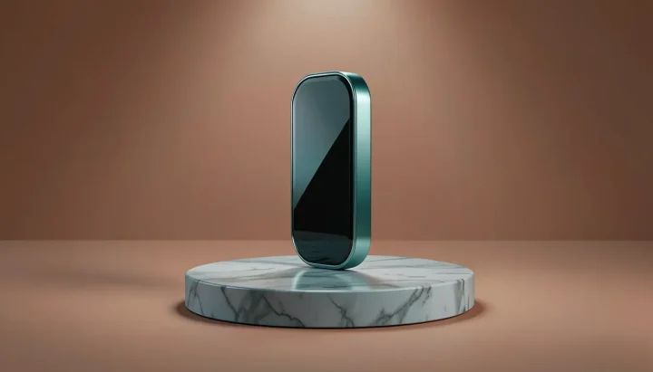 Editorial illustration of a sleek metallic fitness band with a vertical screen on a circular stone pedestal against a warm terracotta backdrop.