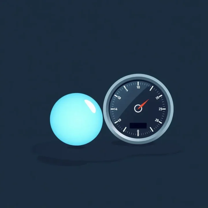 Una esfera azul brillante junto a un medidor digital minimalista sobre una superficie oscura.