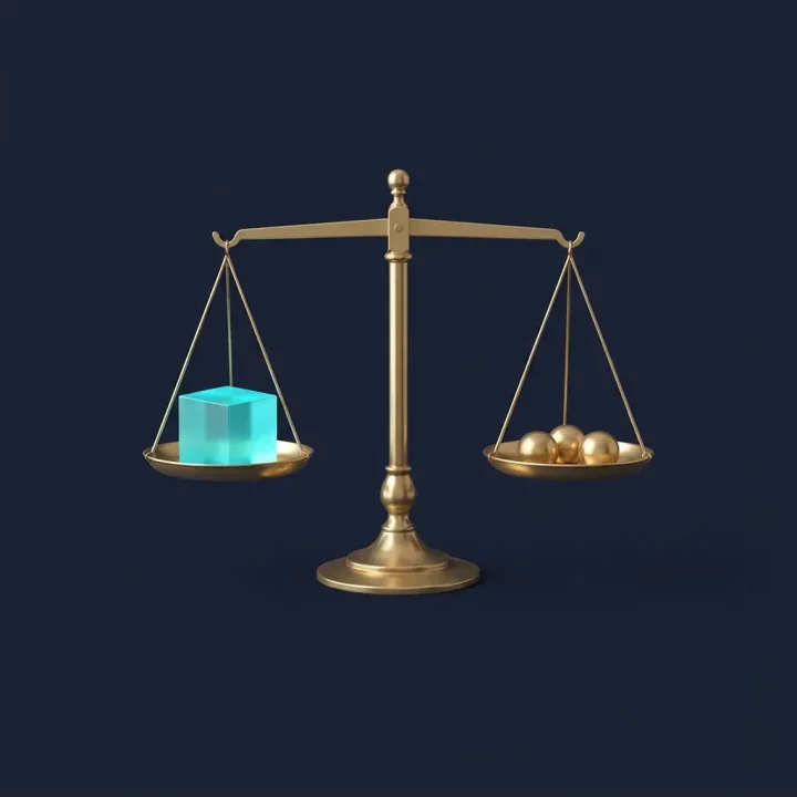 A central polished brass balance scale in a modern navy-toned office setting, balancing a glowing cyan cube against three golden metallic spheres under soft daylight.