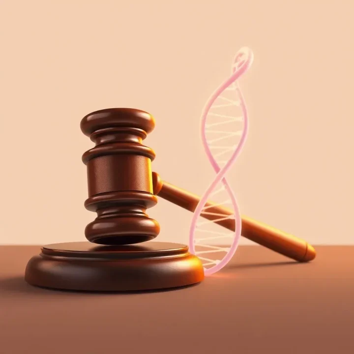 Un marteau de juge en bois verni posé à côté d'un brin d'ADN en double hélice lumineux sur un fond neutre simple et légèrement éclairé.
