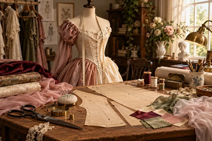 A detailed dressmaking worktable with a pinned Victorian-inspired dress, aligned patterns, measuring tape, thread spools, scissors and fabric swatches.