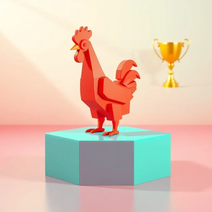 Illustration éditoriale d'une figurine de poulet rouge en voxels sur une plateforme géométrique turquoise réfléchissante avec des ombres angulaires.