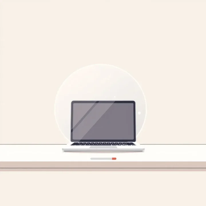 Une illustration vectorielle minimale d'un ordinateur portable ouvert entouré d'un bouclier lumineux translucide sur un bureau simple.