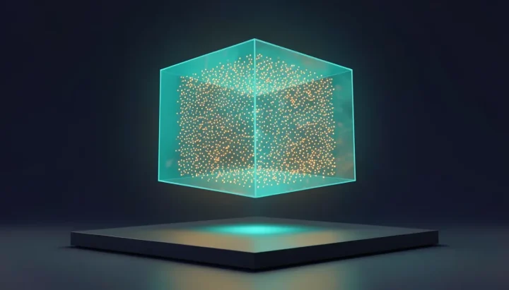Ein leuchtender, transparent-türkisfarbener Speicherkubus mit sichtbaren beleuchteten Knoten im Inneren schwebt über einer reflektierenden dunklen Plattform in einem minimalistischen dunkelblauen Raum.