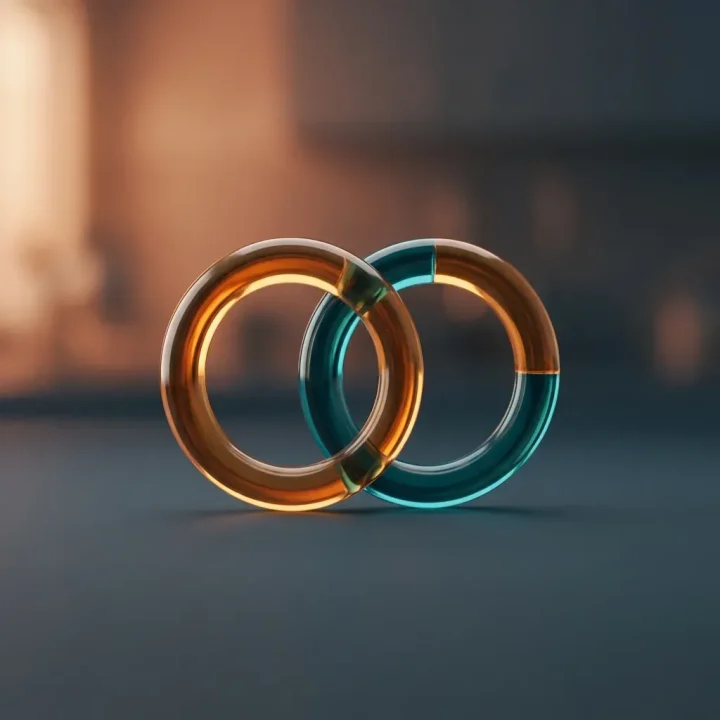 Modèle conceptuel représentant deux anneaux moléculaires entrelacés en verre ambré et turquoise, posé sur une surface en ardoise sombre dans un laboratoire moderne.