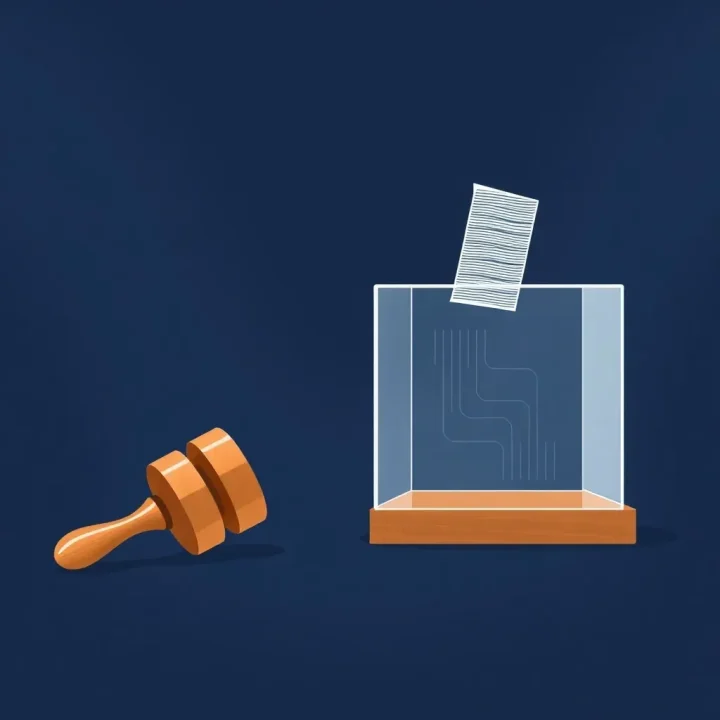 A wooden judge's gavel beside a glowing translucent ballot box against a dark slate background.