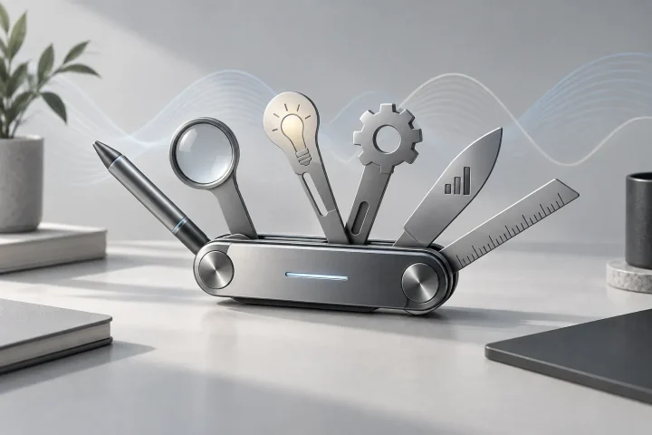 A compact futuristic multitool unfolding several modular implements on a neutral workspace with subtle conversational wave patterns.