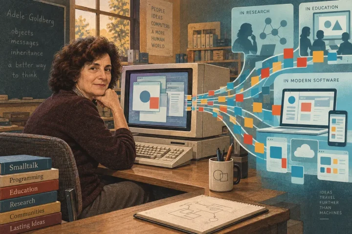 Ilustración editorial de Adele Goldberg junto a una computadora antigua, con bloques de colores organizados que fluyen desde ventanas abstractas hacia interfaces modernas.