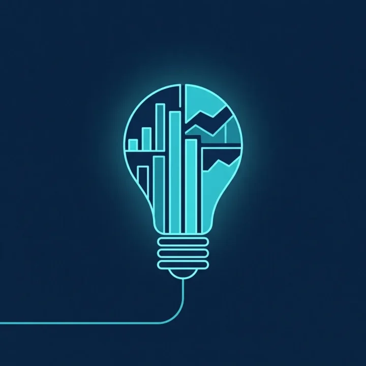An editorial illustration of a lightbulb made from bar charts and graphs glowing against a dark blue background.