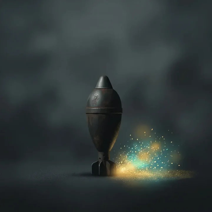 Eine dunkle historische Pyrotechnik-Mörserbombe liegt neben leuchtenden goldenen und türkisblauen Funken vor einem schlichten anthrazitfarbenen Hintergrund.