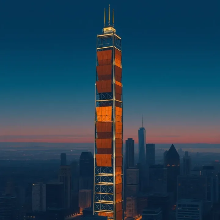 Editorial illustration of a slender metallic and copper skyscraper data center standing centrally in a low-rise urban cityscape during twilight.