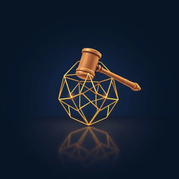 Uma ilustração editorial mostrando um martelo de leilão de madeira equilibrado sobre um poliedro geométrico reluzente com linhas entrelaçadas em formato de malha sobre um fundo azul-escuro.