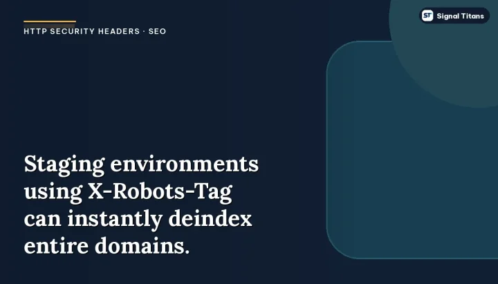 HTTP security headers · SEO: Staging environments using X-Robots-Tag can instantly deindex entire domains.