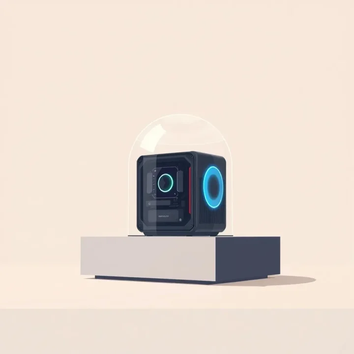 Une carte graphique placée sous une cloche en verre transparente sur une surface minimaliste avec un éclairage LED discret.