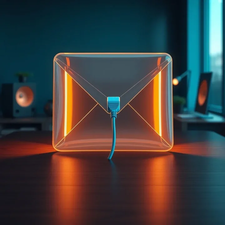 Eine redaktionelle Illustration eines leuchtenden Postumschlags aus Glas, der über ein blaues Ethernet-Kabel auf einem dunklen Holztisch in einem indigoblauen Arbeitsbereich angeschlossen ist.