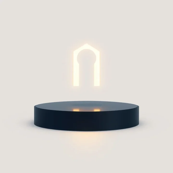 A minimal 3D illustration featuring a single glowing geometric keyhole floating over a dark obsidian surface with soft blue and gold lighting.