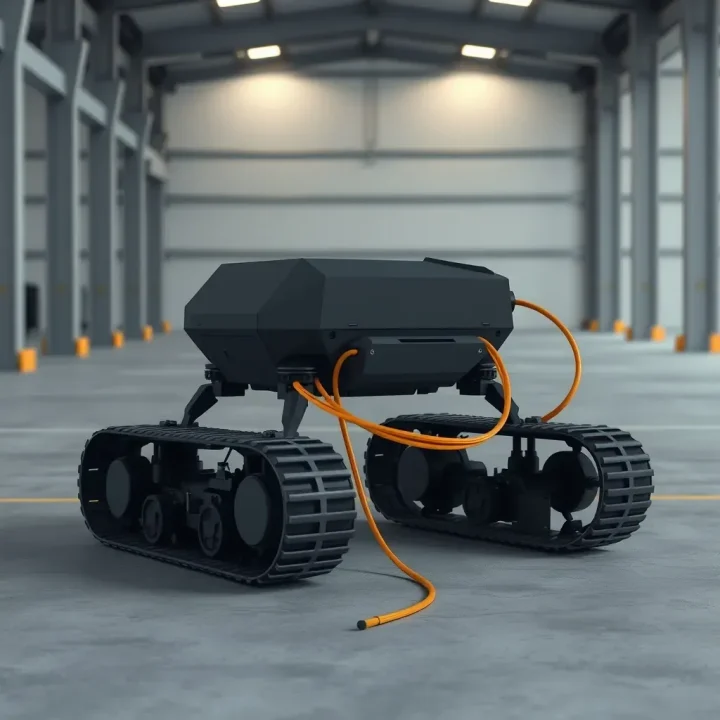 Un drone terrestre chenillé métallique gris foncé positionné dans un hangar industriel sous un éclairage zénithal doux et traînant des câbles en fibre optique ambrée.