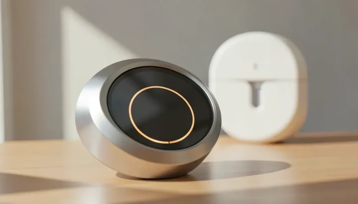 A sleek, brushed titanium smart thermostat rests on a lit wooden surface next to a blurred smart lock in a bright room.