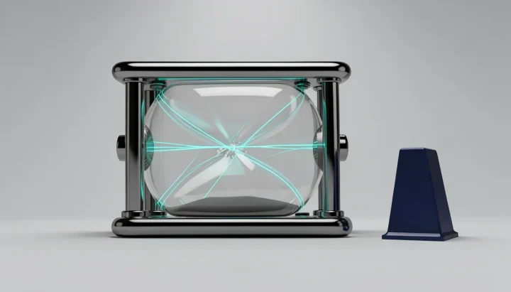 Editorial illustration of a polished metallic mechanical hourglass lying horizontally on slate, filled with glowing cyan threads alongside a matte navy blue cooling fin.