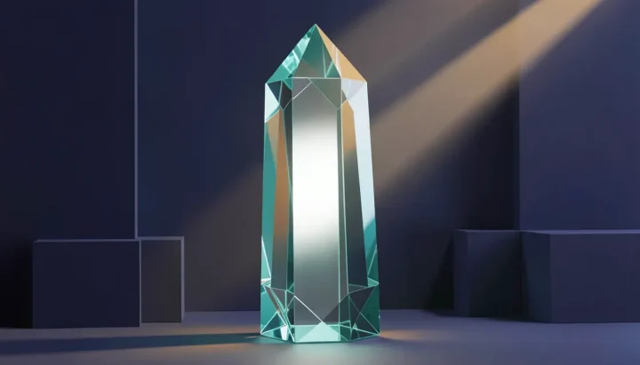 Um grande prisma de vidro azul-turquesa translúcido dividindo a luz contra formas geométricas escuras em anil profundo e destaques em âmbar.