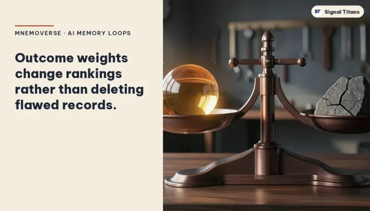 Mnemoverse · AI Memory Loops: Outcome weights change rankings rather than deleting flawed records.