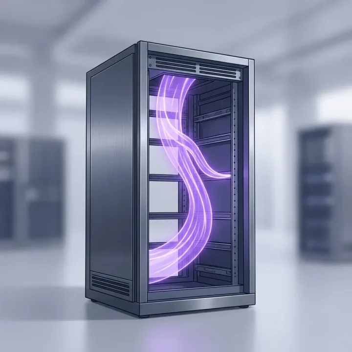 Eine redaktionelle Illustration eines dunklen metallischen Server-Racks, durch dessen innere Struktur strahlende violette Energiewellen in einer minimalistischen Datenhalle fließen.
