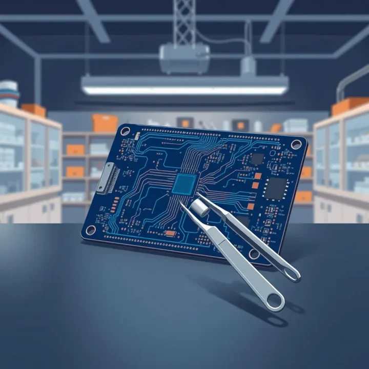 Carte de circuit imprimé d'ordinateur ancien aux pistes bleues et cuivre posée sur un établi, avec des pinces pointant vers un petit transistor sous la lumière d'un laboratoire.