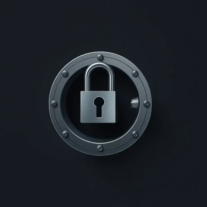 Redaktionelle Illustration eines Datenbankzylinders aus Metall mit einem integrierten Tresorschloss.