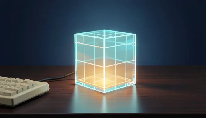 Une illustration éditoriale représentant un clavier d'ordinateur rétro en plastique beige relié par un câble noir à un cube en verre translucide lumineux affichant des motifs de grille géométrique sur un bureau en bois sombre.