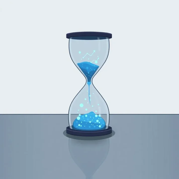 A minimalist glass hourglass filled with glowing blue particles on a dark reflective surface.
