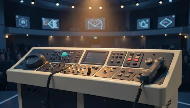 Una consola vintage de control de misiones de mediados del siglo XX con botones indicadores brillantes y un auricular telefónico, sobre el fondo de un auditorio en penumbra con pantallas.