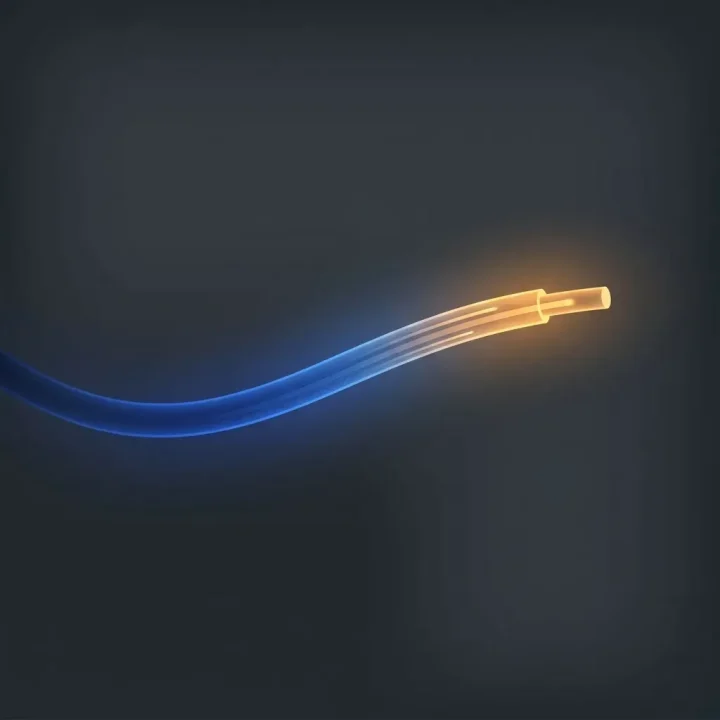 A close-up horizontal image of a single glowing optical fiber strand emitting blue and amber light against a dark matte studio backdrop.