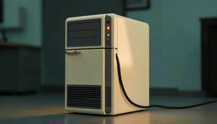 Ein nostalgischer Minicomputer in Kühlschrankgröße mit leuchtenden Anzeigeleuchten und einem dicken Kabel in einem sanft beleuchteten Raum.