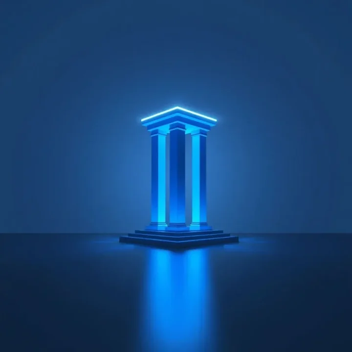 Uma ilustração 3D minimalista mostrando um pilar azul-neon brilhante sobre uma superfície escura e refletiva.