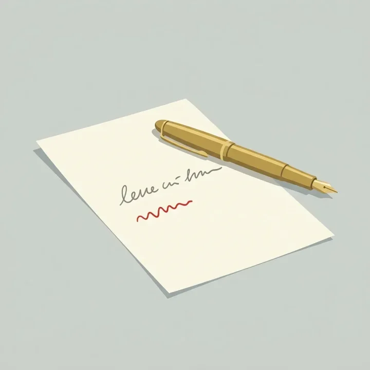 Uma caneta-tinteiro dourada apoiada sobre um papel creme com texto abstrato e um indicador ondulado vermelho de correção ortográfica.