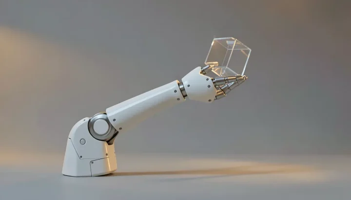 Editorial-Illustration eines weiß-metallischen Roboterarms, der einen transparenten Würfel in einer minimalistischen grauen Umgebung hält.