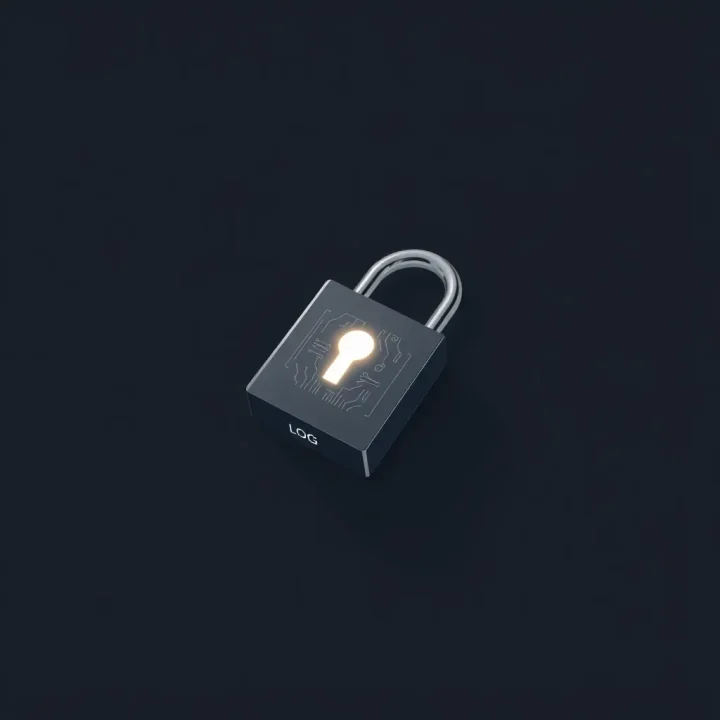Ein leuchtendes digitales Vorhängeschloss mit Schaltkreisstrukturen auf einem minimalistischen dunklen Hintergrund unter weichem gerichtetem Licht.