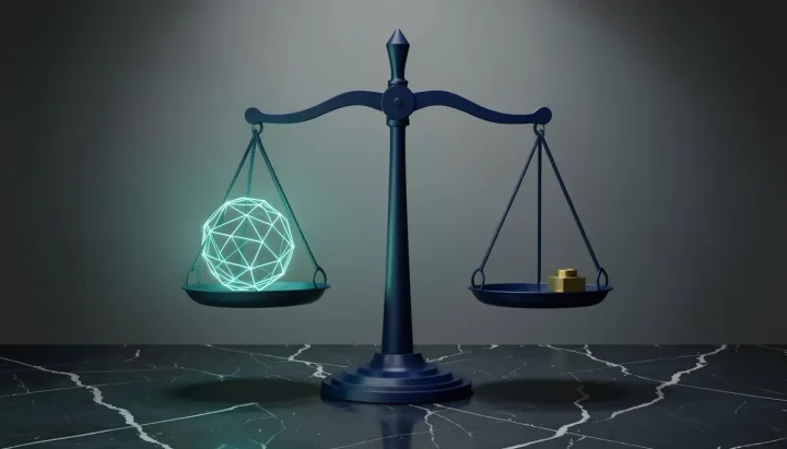 Editorial illustration of a blue steel balance scale weighing a teal network sphere against a brass weight on dark marble.