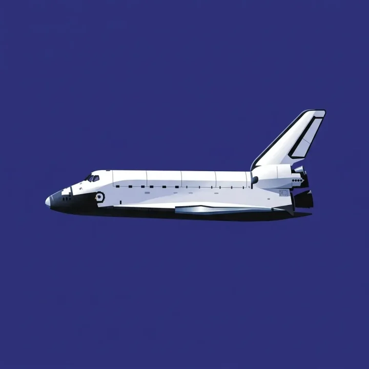 Ilustración editorial que muestra al transbordador espacial Discovery flotando sobre un fondo azul sólido.
