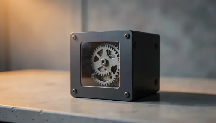 A dark metal puzzle box with visible internal gears constrained behind a transparent acrylic boundary on a gray workbench.
