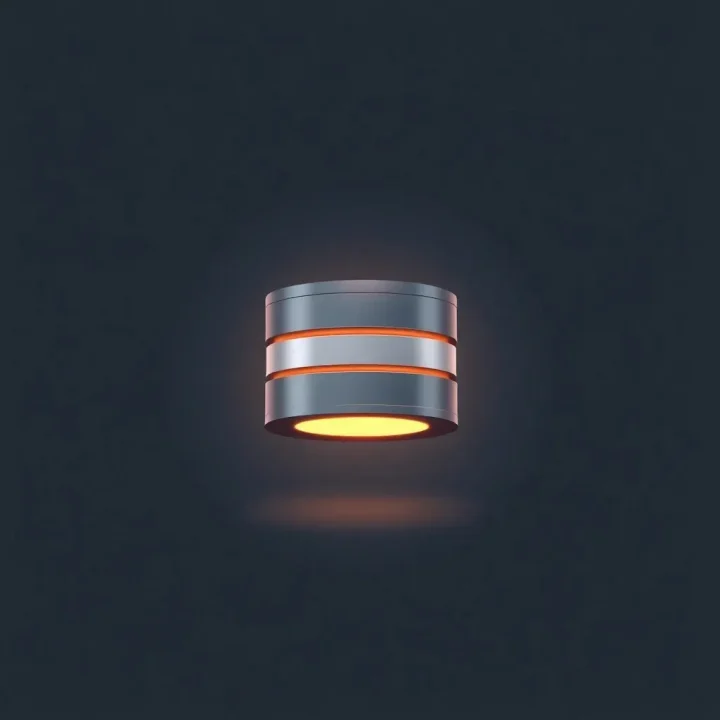 A glowing metallic database cylinder floating against a minimalist dark background.