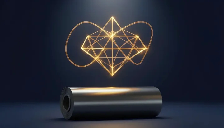 Eine redaktionelle Illustration mit einem leuchtenden, bernsteinfarbenen geometrischen Gitter aus mathematischen Kurven, das über einem polierten, metallisch dunkelgrauen Druckzylinder vor einem dunkelblauen Farbverlaufshintergrund schwebt.
